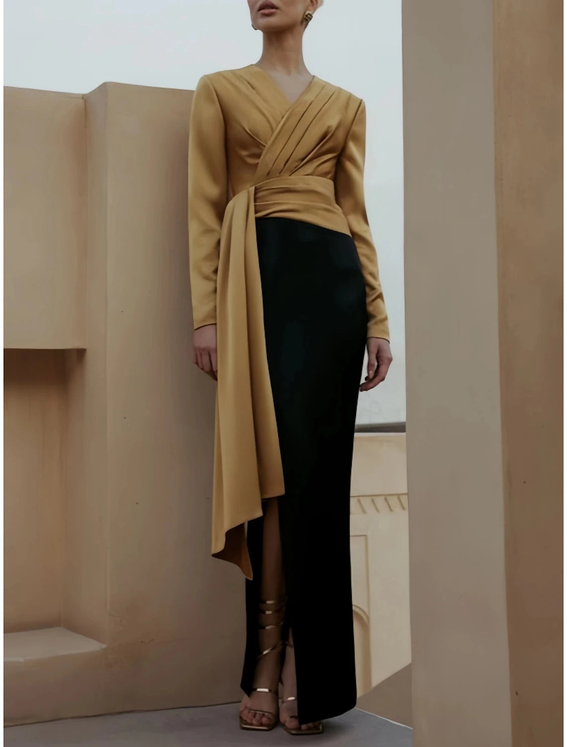 Luolandi A-Line Evening Black Dress Christmas Elegant Dress Formal Ankle Length Long Sleeve V Neck Satin with Ruched