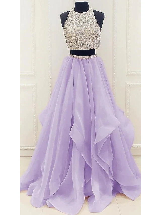 Luolandi Two Piece Ball Gown Prom Dresses Sparkle & Shine Dress Party Wear Floor Length Sleeveless Halter Organza