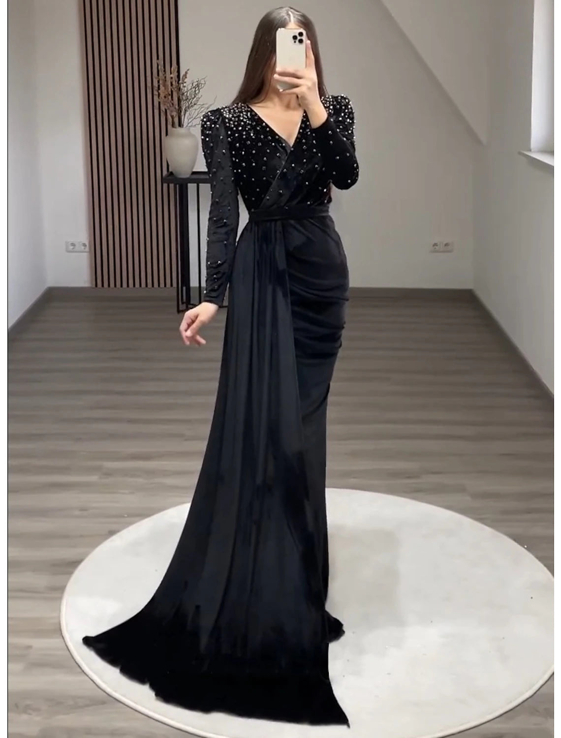 Mermaid / Trumpet Evening Gown Elegant Dress Formal Black Tie Gala Floor Length Long Sleeve V Neck Fall Wedding Guest Velvet with Ruched