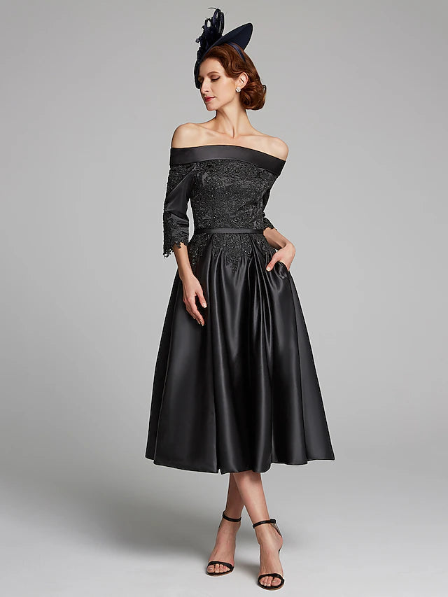 Luolandi A-Line Mother of the Bride Dress Plus Size Sexy Off Shoulder Tea Length Satin Lace 3/4 Length Sleeve