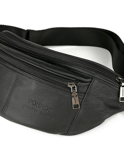Men's Fanny Pack Nappa Leather Cowhide Daily Zipper Solid Color Black