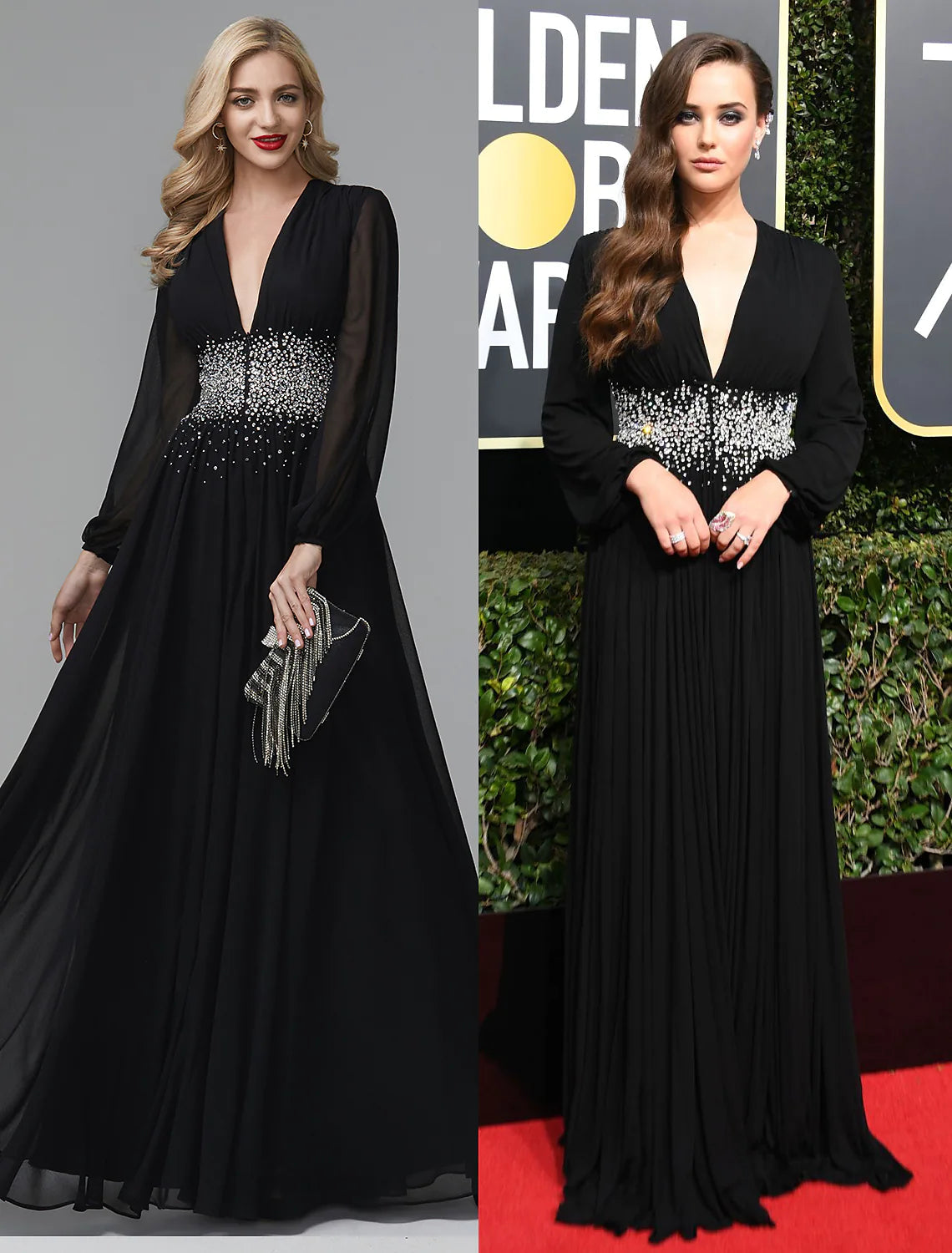 Luolandi A-Line Evening Dress Celebrity Red Carpet Formal Gown Black Tie Wedding Guest Floor Length Long Sleeve V Neck Chiffon