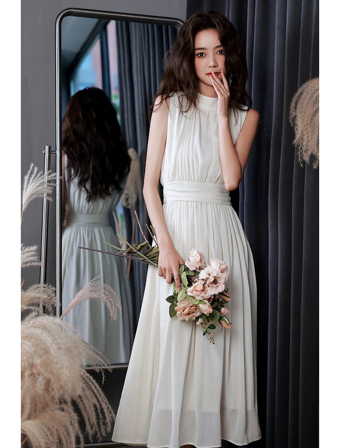 Luolandi Reception Little Dresses Wedding Dresses A-Line High Neck Sleeveless Tea Length Chiffon Bridal Gowns With Pleats