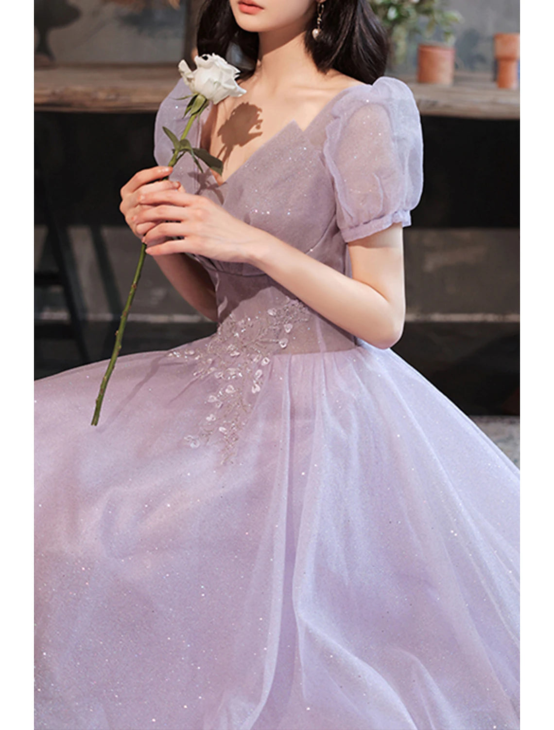 Luolandi A-Line Prom Dresses Sparkle & Shine Dress Prom Valentine's Day Floor Length Short Sleeve V Neck Tulle