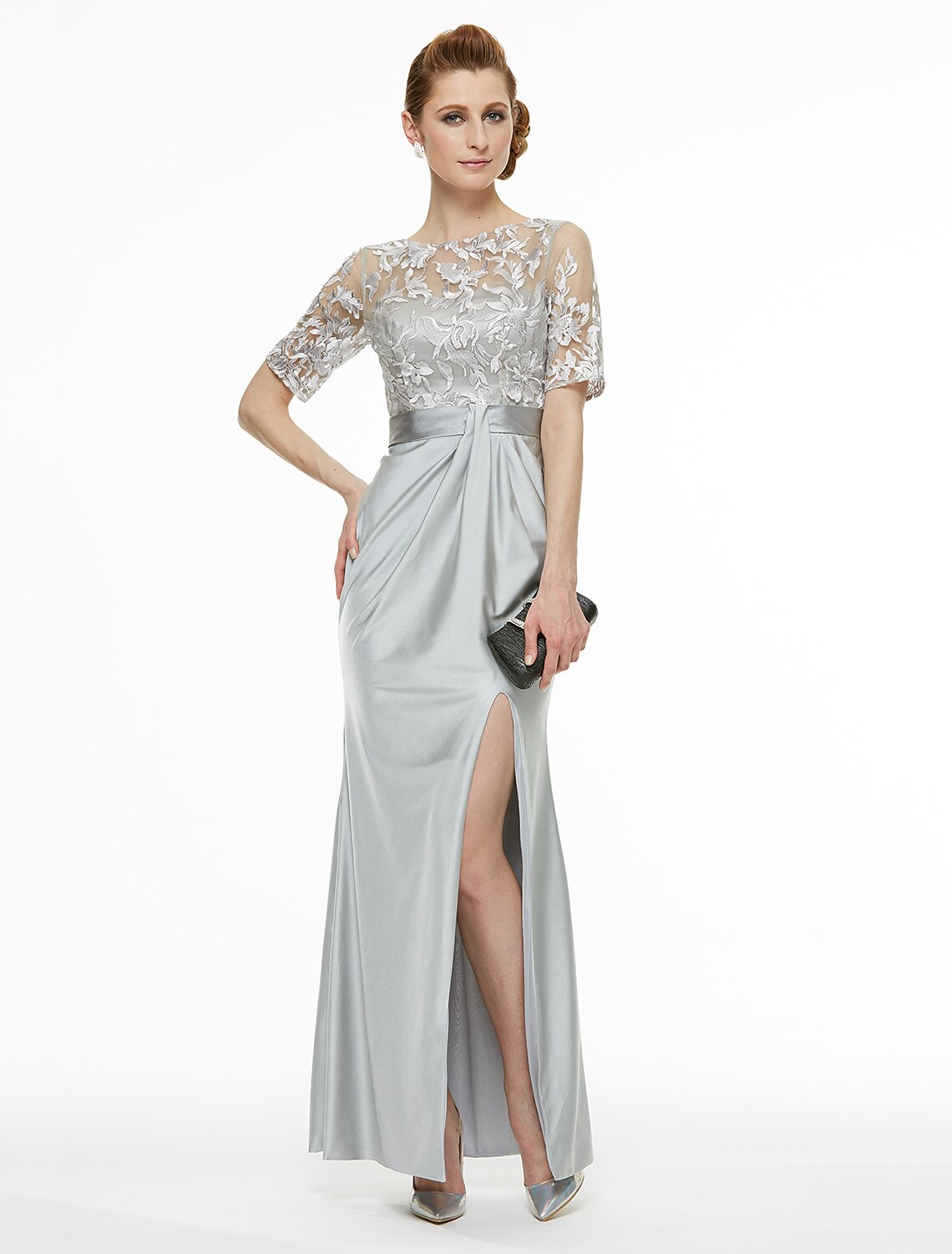 Luolandi Sheath / Column Bateau Neck Ankle Length Lace / Jersey Mother of the Bride Dress with Lace