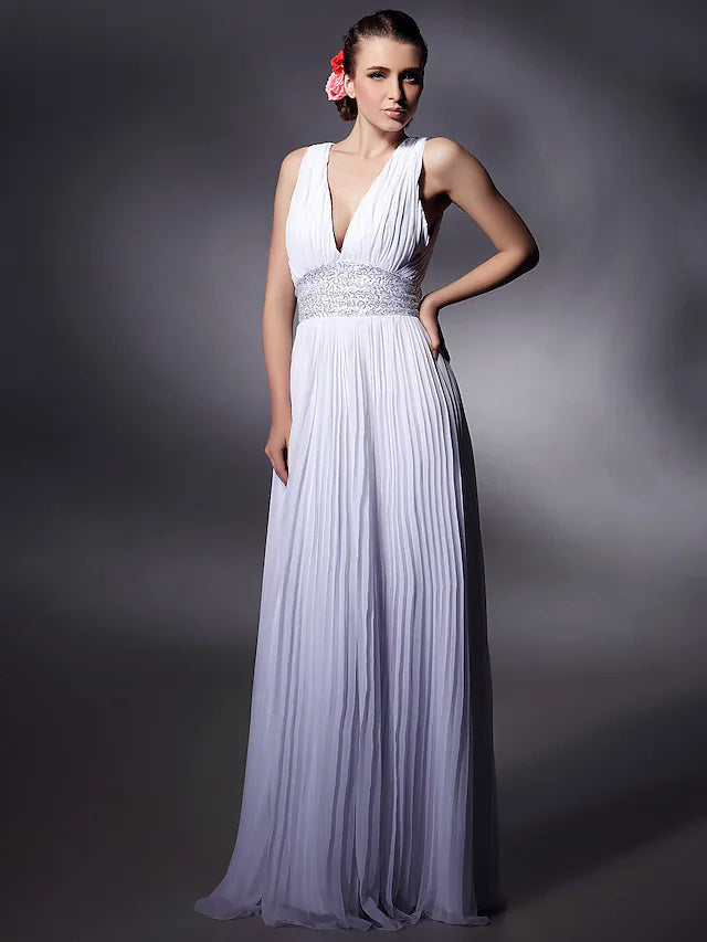 Luolandi Sheath / Column Celebrity Style Dress Prom Floor Length Sleeveless Plunging Neck Chiffon with Beading