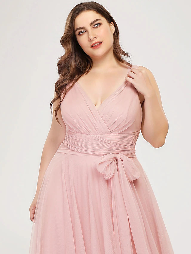 Luolandi A-Line Bridesmaid Dress V Neck Sleeveless Plus Size Floor Length Tulle with Bow(s) / Ruching