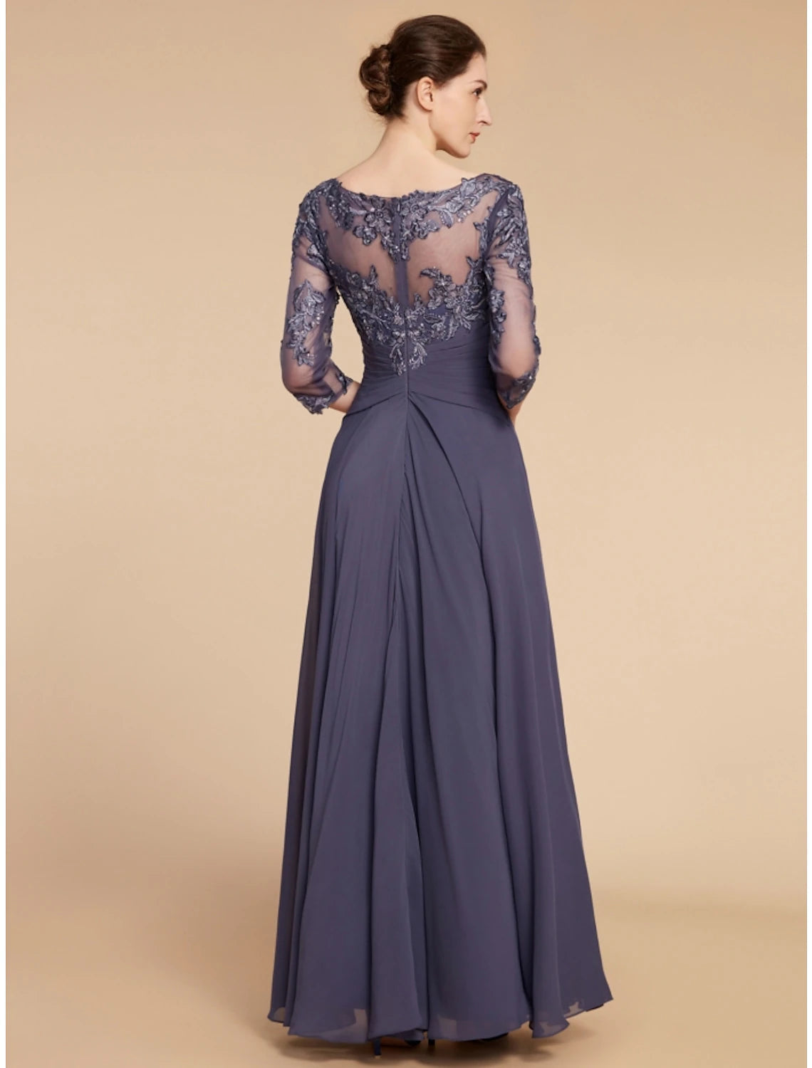 Luolandi A-Line Mother of the Bride Dress Wedding Guest Elegant Scoop Neck Floor Length Chiffon Lace 3/4 Length Sleeve with Ruching