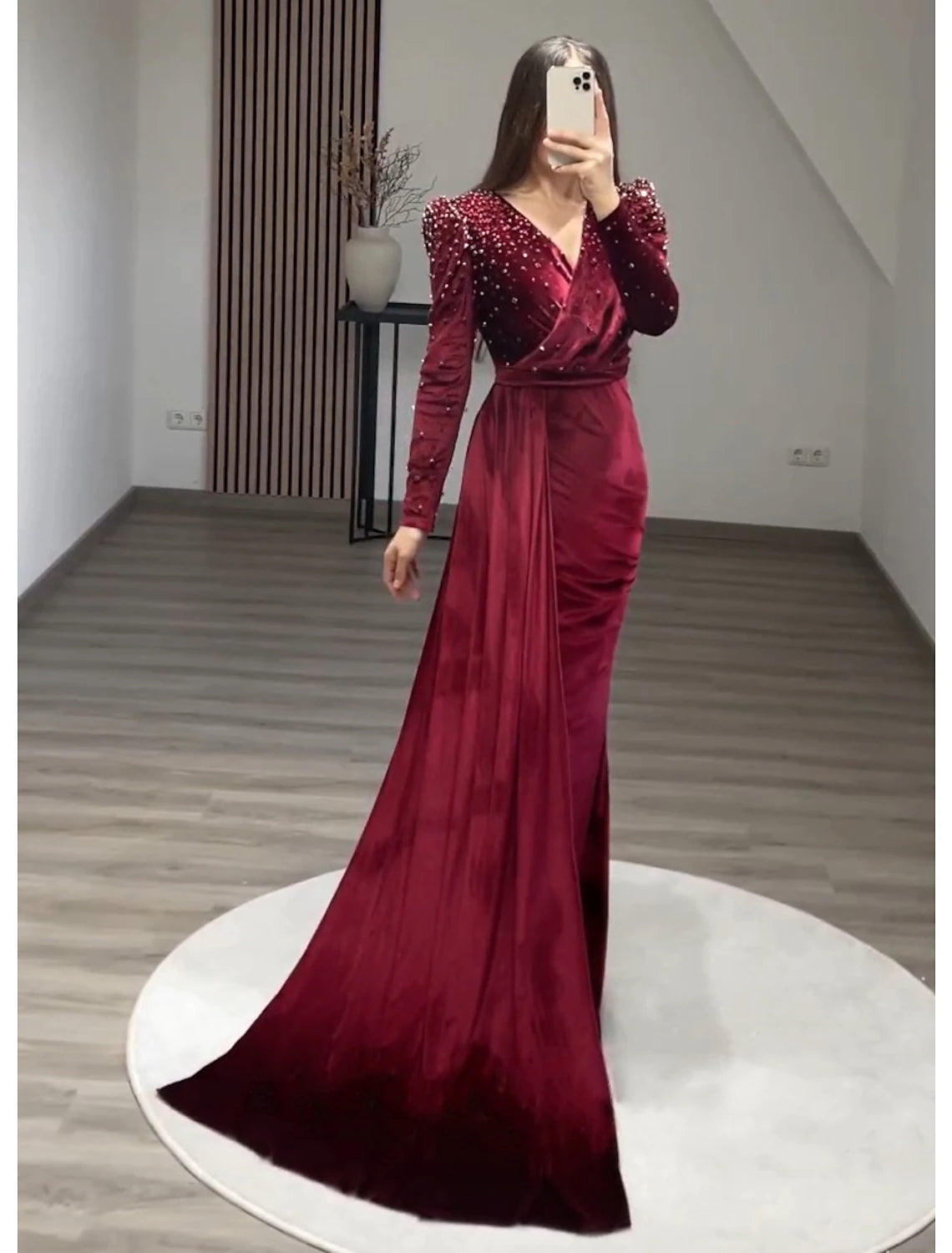 Luolandi Mermaid / Trumpet Evening Gown Elegant Dress Formal Black Tie Gala Floor Length Long Sleeve V Neck Fall Wedding Guest Velvet with Ruched