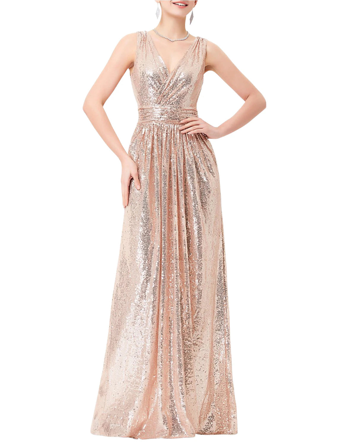 Luolandi Sheath / Column Prom Dresses Sexy Dress Formal Floor Length Sleeveless V Neck Sequined with Pleats