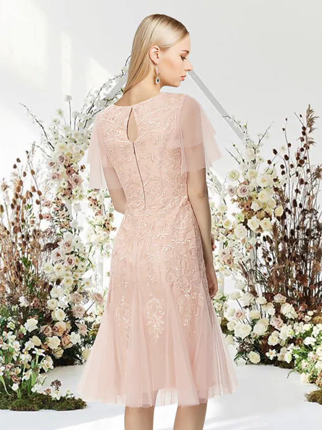 Luolandi A-Line Cocktail Dresses Flirty Dress Graduation Knee Length Half Sleeve Jewel Neck Lace