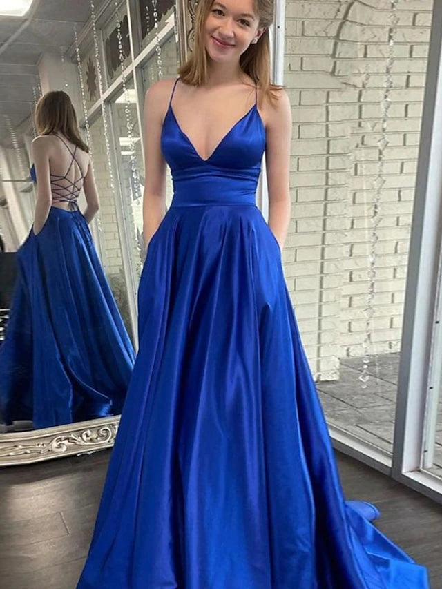 Luolandi A-Line Prom Dresses Princess Dress Formal Sweep / Brush Train Sleeveless V Neck Pocket Satin Backless