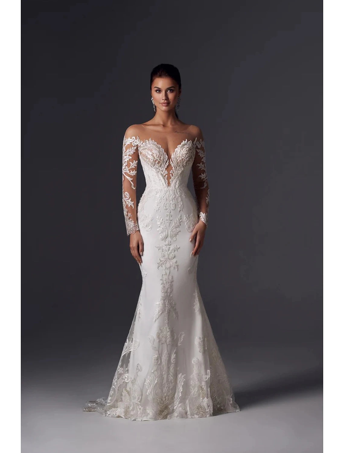 Luolandi Engagement Formal Fall Wedding Dresses Mermaid / Trumpet Off Shoulder Long Sleeve Court Train Satin Church Bridal Gowns With Appliques Solid Color Wedding Party