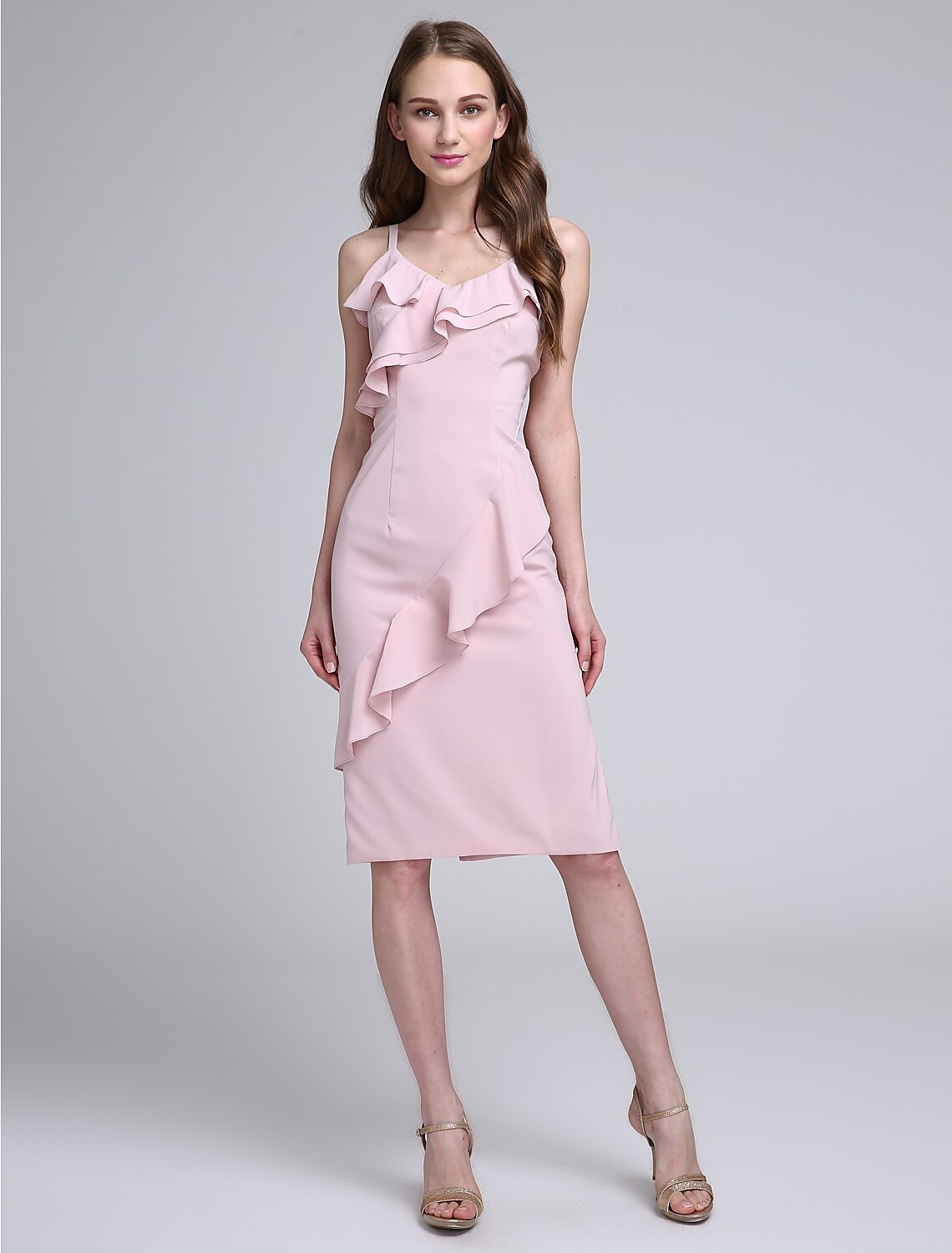 Luolandi Sheath / Column Bridesmaid Dress Spaghetti Strap Sleeveless Elegant Knee Length Chiffon