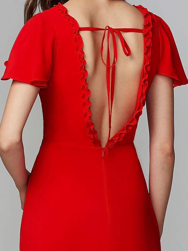 Luolandi Sheath / Column Bridesmaid Dress V Neck Short Sleeve Open Back Floor Length Chiffon with Split