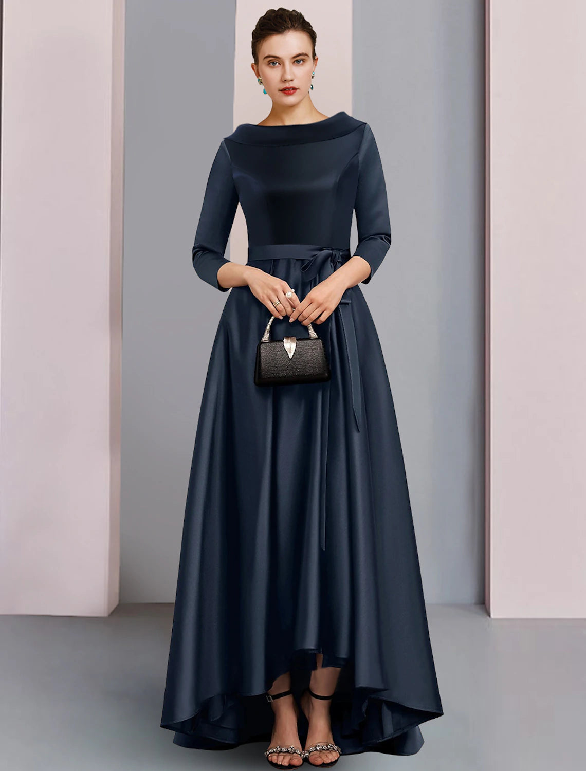Luolandi A-Line Mother of the Bride Dress Formal Wedding Guest Elegant High Low Bateau Neck Asymmetrical Ankle Length Satin 3/4 Length Sleeve