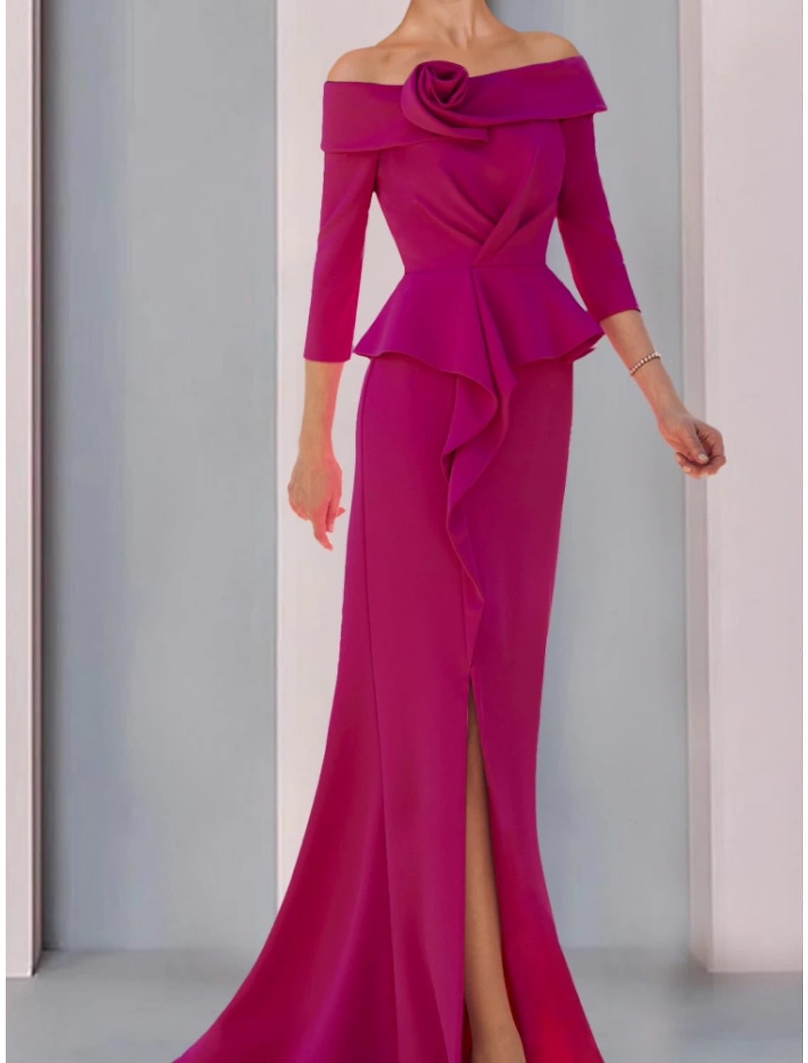 Luolandi A-Line Mother of the Bride Dress Wedding Guest Elegant Off Shoulder Sweep / Brush Train Fabric 3/4 Length Sleeve with Ruffles Split