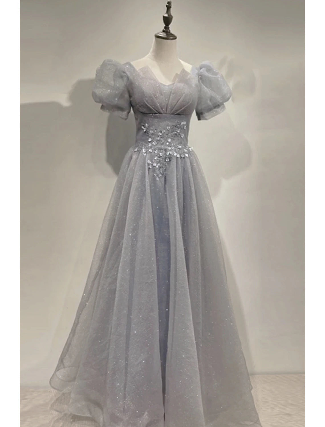 Luolandi A-Line Prom Dresses Sparkle & Shine Dress Prom Valentine's Day Floor Length Short Sleeve V Neck Tulle