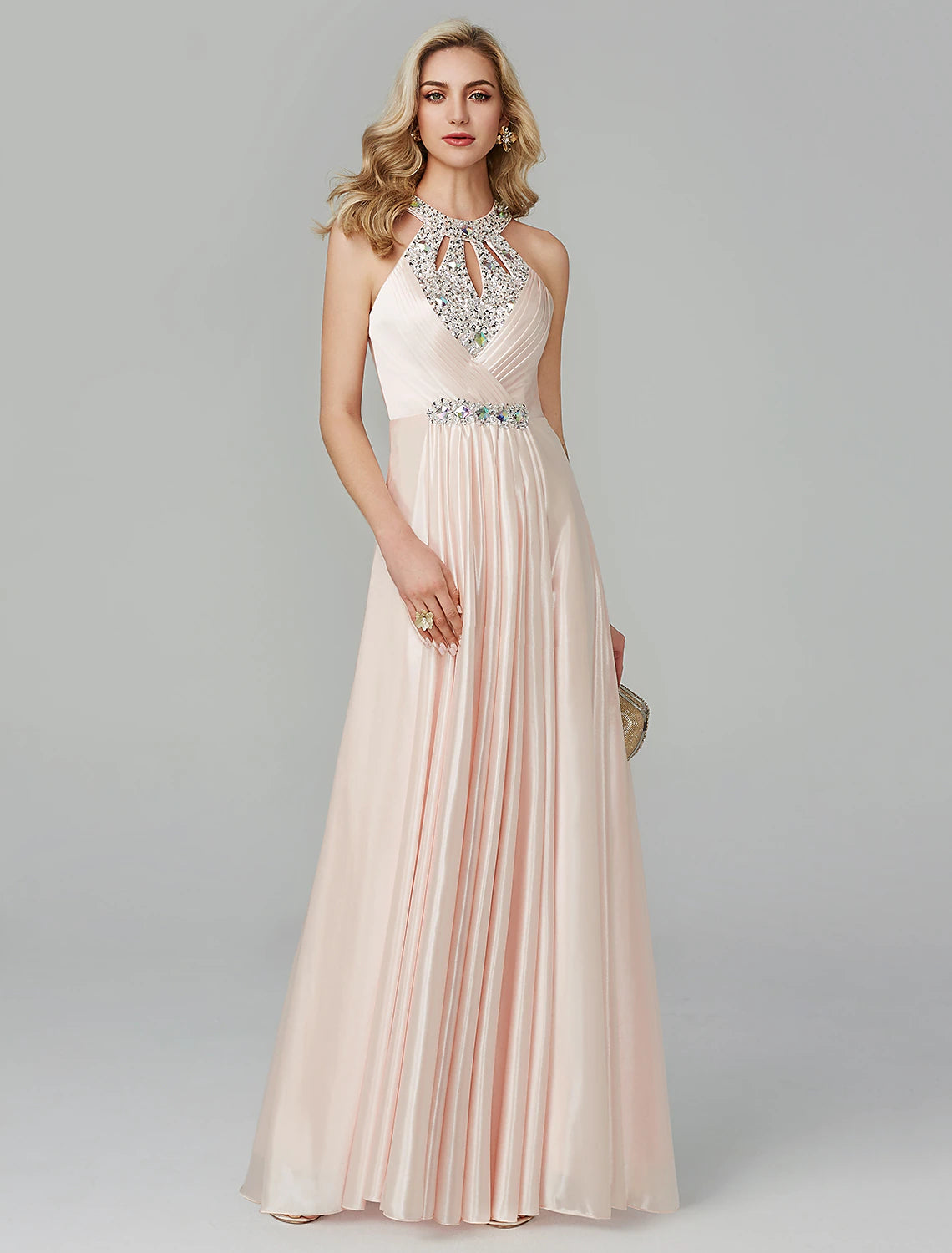 Luolandi Elegant A-Line Wedding Guest Dress Party Wear Floor Length Sleeveless Halter Prom Dress with Crystals