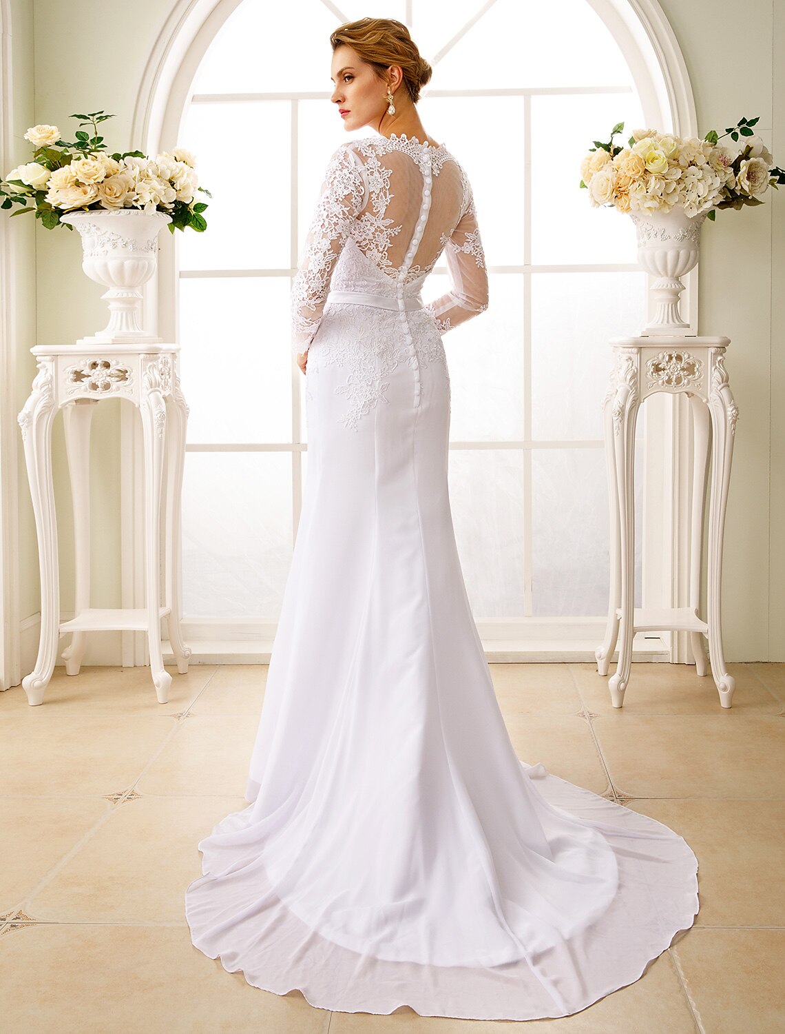 Luolandi Engagement Open Back Formal Wedding Dresses Mermaid / Trumpet Illusion Neck Long Sleeve Court Train Chiffon Bridal Gowns With Sash