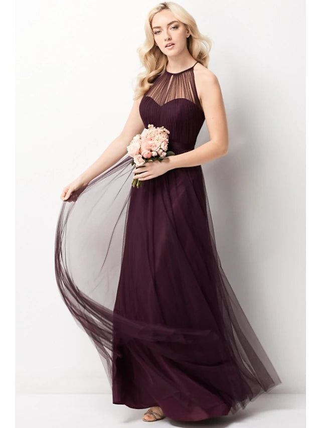 Luolandi A-Line Bridesmaid Dress Halter Neck Sleeveless Elegant Floor Length Chiffon / Tulle
