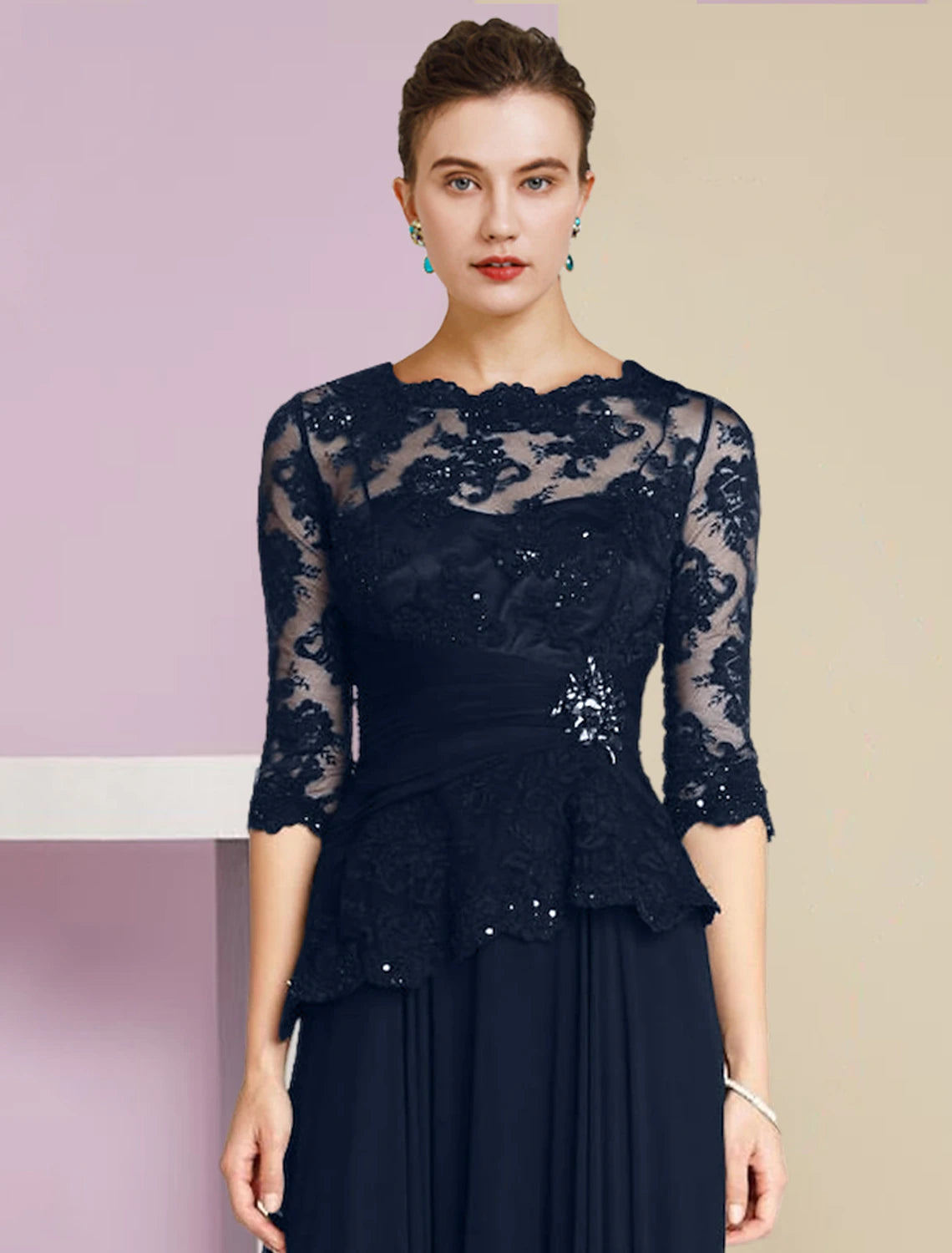 Luolandi A-Line Mother of the Bride Dress Formal Wedding Guest Elegant Scoop Neck Floor Length Chiffon Lace Half Sleeve with Pleats Appliques