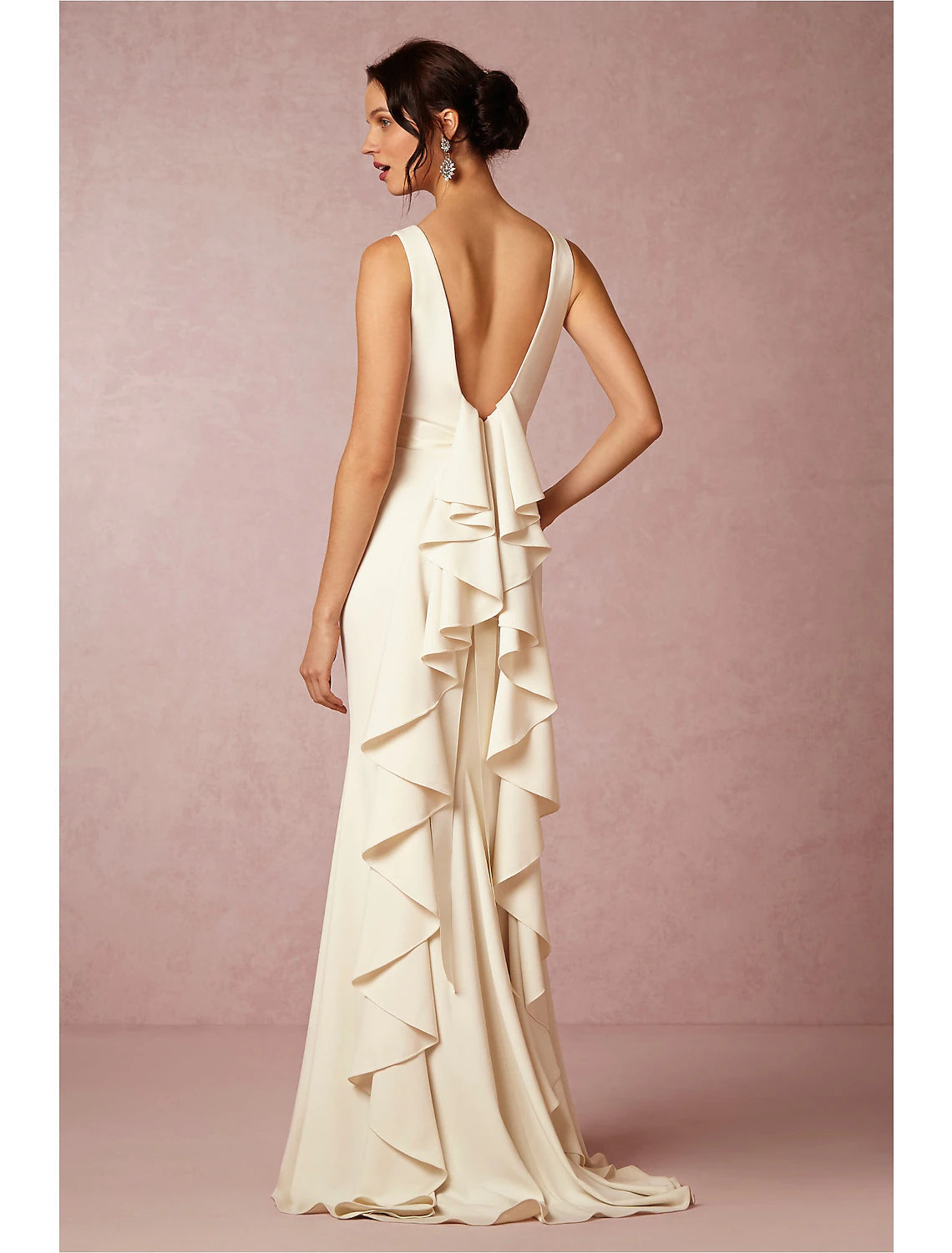 Luolandi Hall Open Back Casual Wedding Dresses Sheath / Column Scoop Neck Sleeveless Sweep / Brush Train Fabric Bridal Gowns