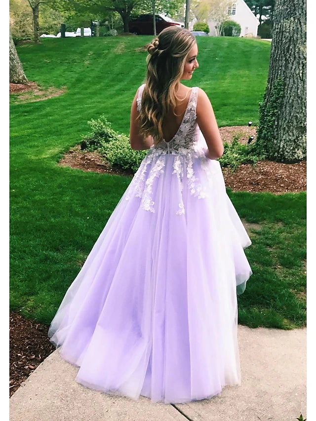 Luolandi Ball Gown A-Line Prom Dresses Color Block Dress Formal Floor Length Sleeveless V Neck Tulle Backless V Back with Beading
