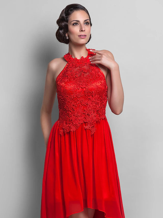 Luolandi Sheath / Column Elegant Dress Wedding Guest Asymmetrical Sleeveless Halter Chiffon Backless