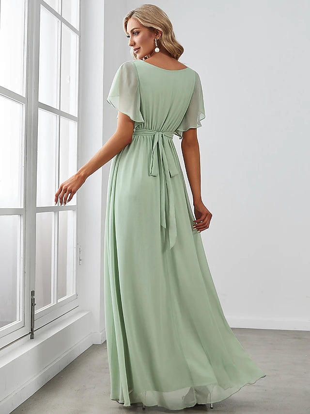Luolandi A-Line Bridesmaid Dress V Neck Short Sleeve Elegant Chiffon with Ruffles
