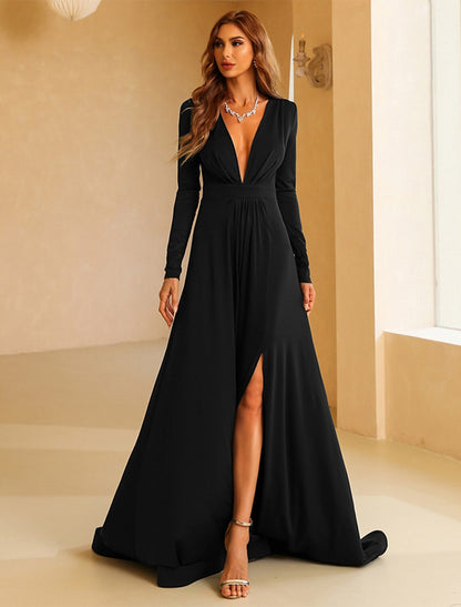 A-Line Evening Gown Vintage Dress Wedding Guest Christmas Red Green Dress Sweep / Brush Train Long Sleeve V Neck Polyester with Slit