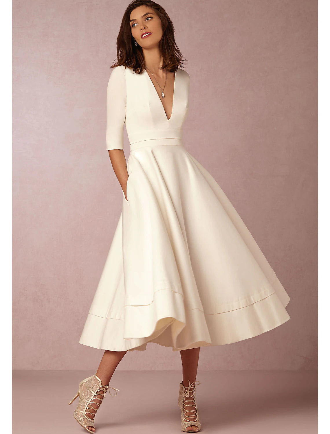 Luolandi A-Line Special Occasion Dresses Party Dress Holiday Wedding Guest Tea Length Half Sleeve V Neck Pocket Jersey with Pleats & Ivory