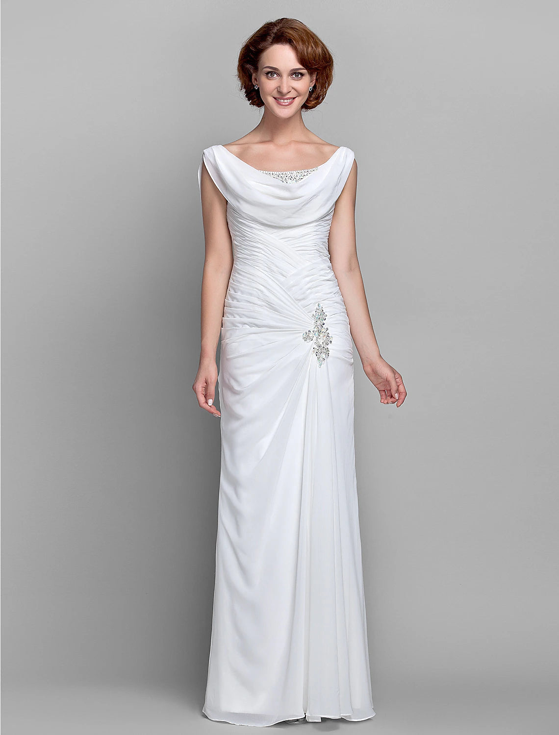 Luolandi Sheath / Column Mother of the Bride Dress Fall Wedding Guest Dresses Vintage Inspired Cowl Neck Floor Length Chiffon Sleeveless with Buttons Criss Cross