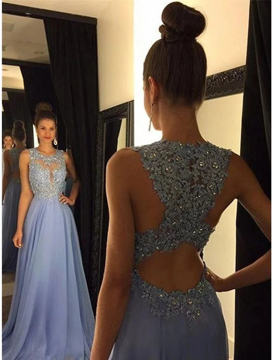 Luolandi A-Line Empire Prom Formal Evening Dress Jewel Neck Sleeveless Sweep / Brush Train Chiffon with Beading