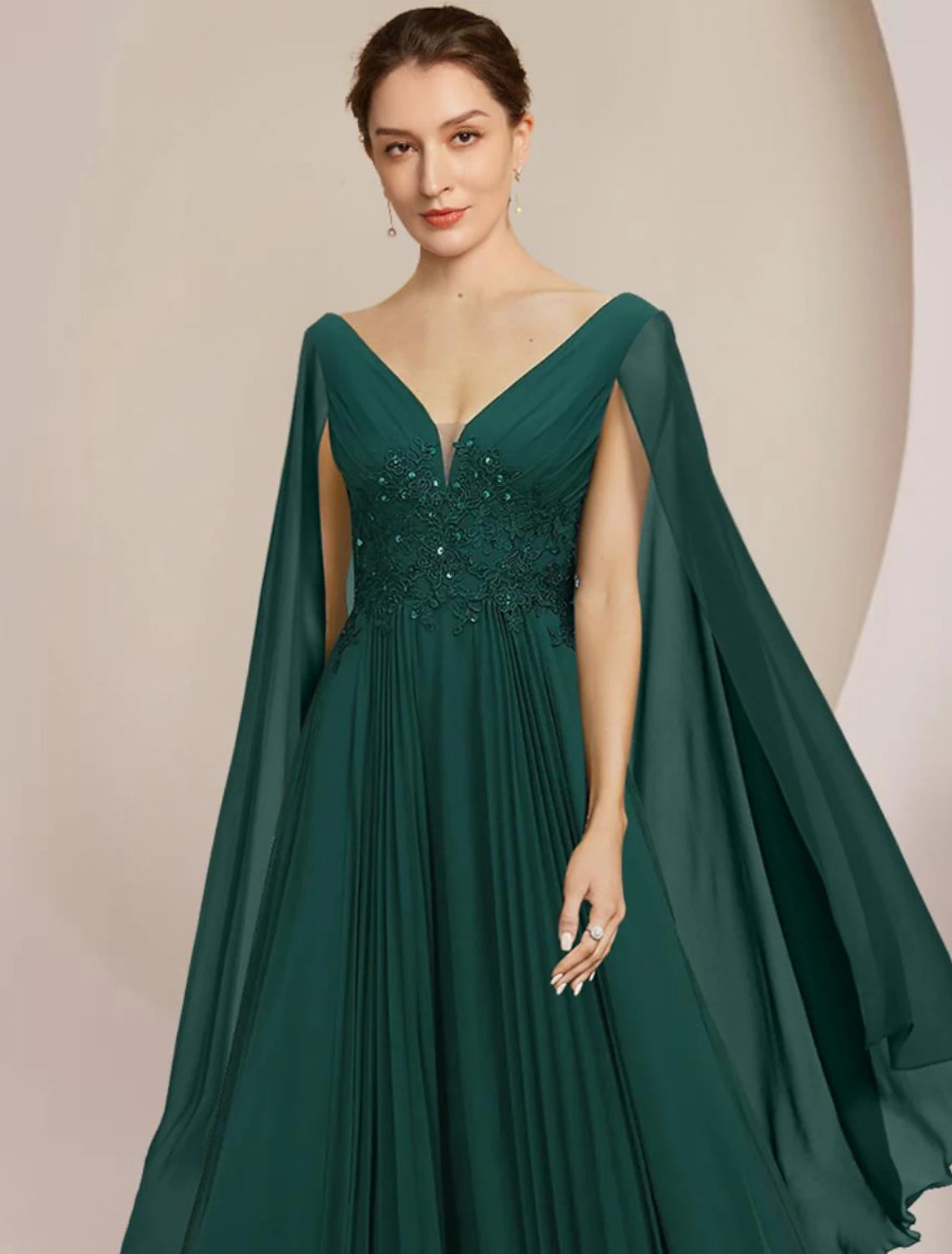 Luolandi A-Line Mother of the Bride Dress Formal Wedding Guest Elegant V Neck Floor Length Chiffon Lace Sleeveless with Pleats Sequin