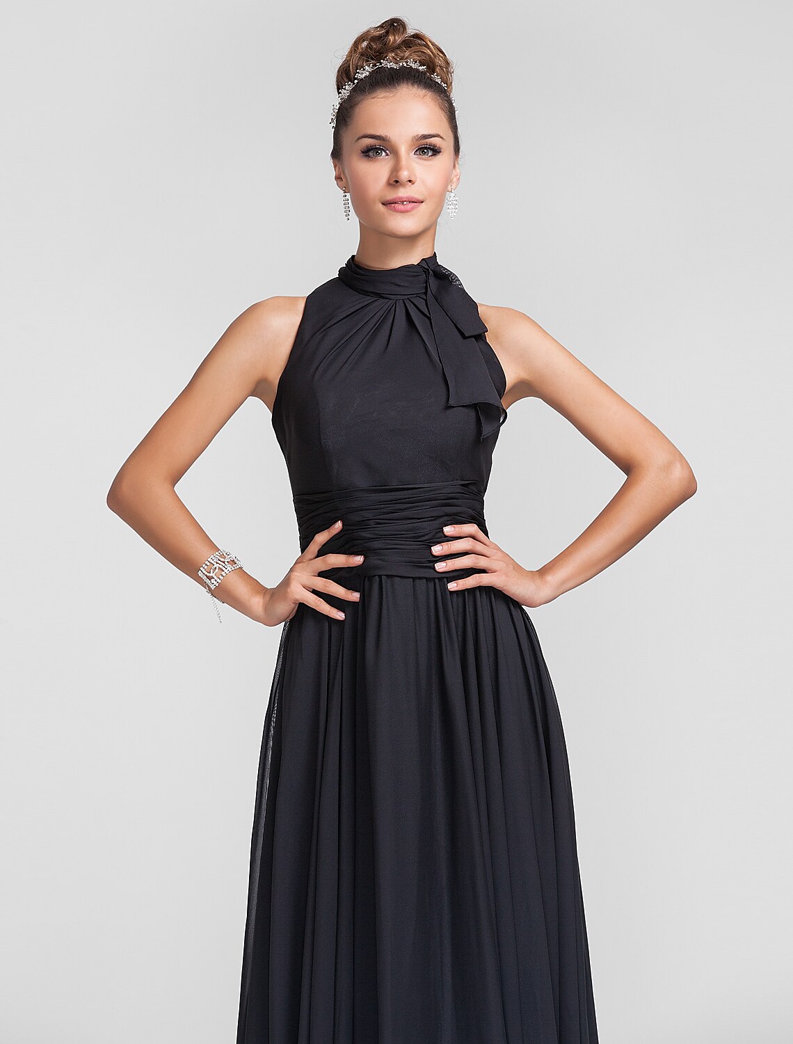 Luolandi Sheath / Column Bridesmaid Dress High Neck Sleeveless Vintage Inspired Floor Length Chiffon with Ruched Ruffles