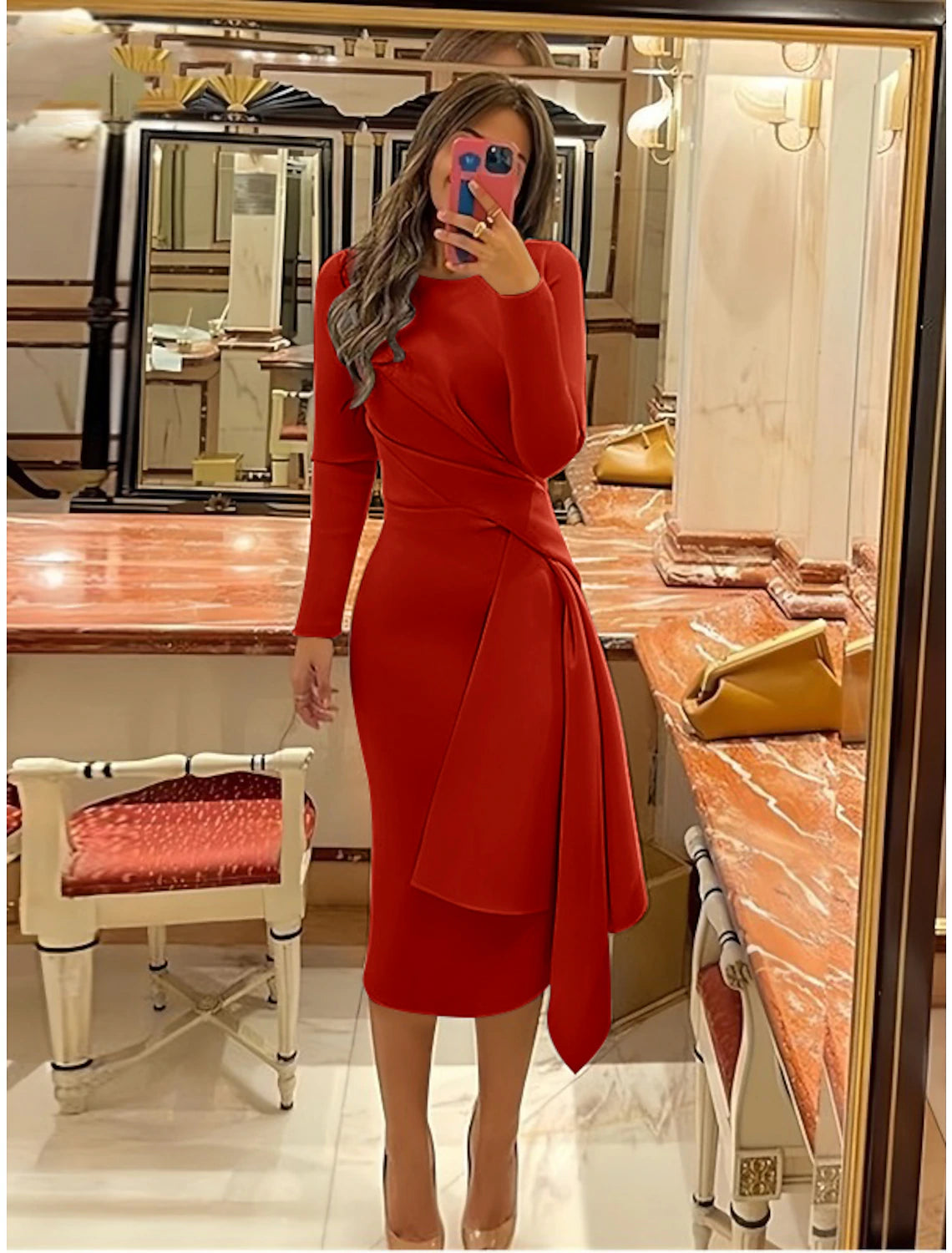 Luolandi Sheath Formal Dress Cocktail Dresses Elegant Christmas Red Green Dress Formal Fall Knee Length Long Sleeve Jewel Neck Fabric with Pleats