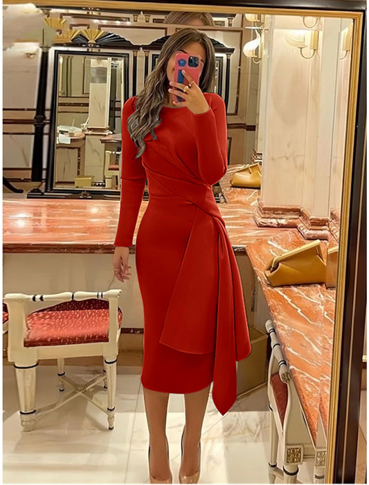 Sheath Formal Dress Cocktail Dresses Elegant Christmas Red Green Dress Formal Fall Knee Length Long Sleeve Jewel Neck Stretch Fabric with Pleats