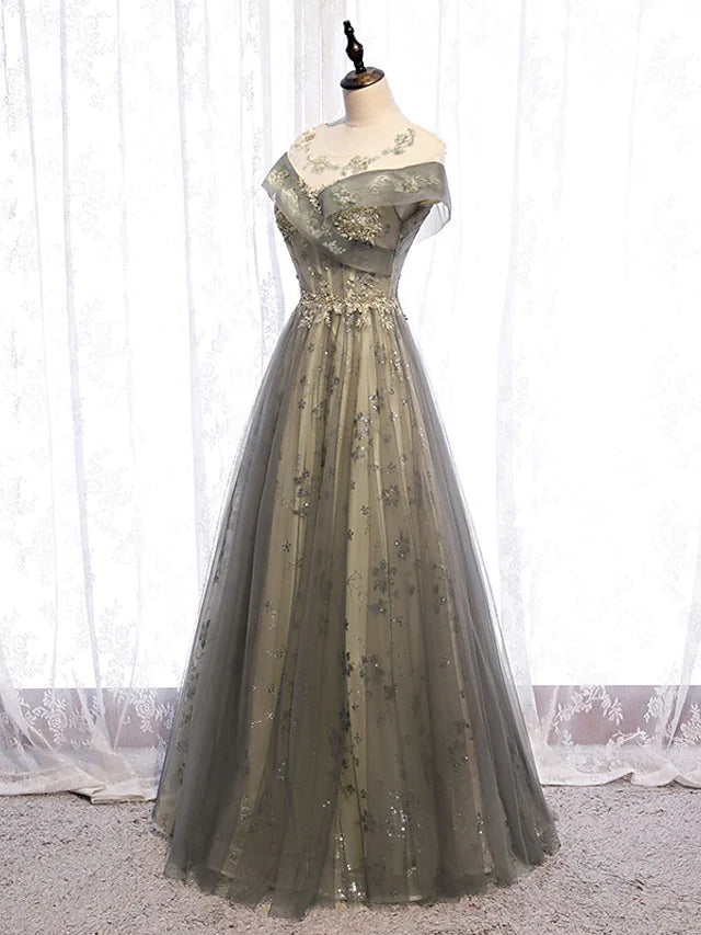 Luolandi A-Line Evening Gown Elegant Dress Wedding Guest Floor Length Short Sleeve Illusion Neck Tulle