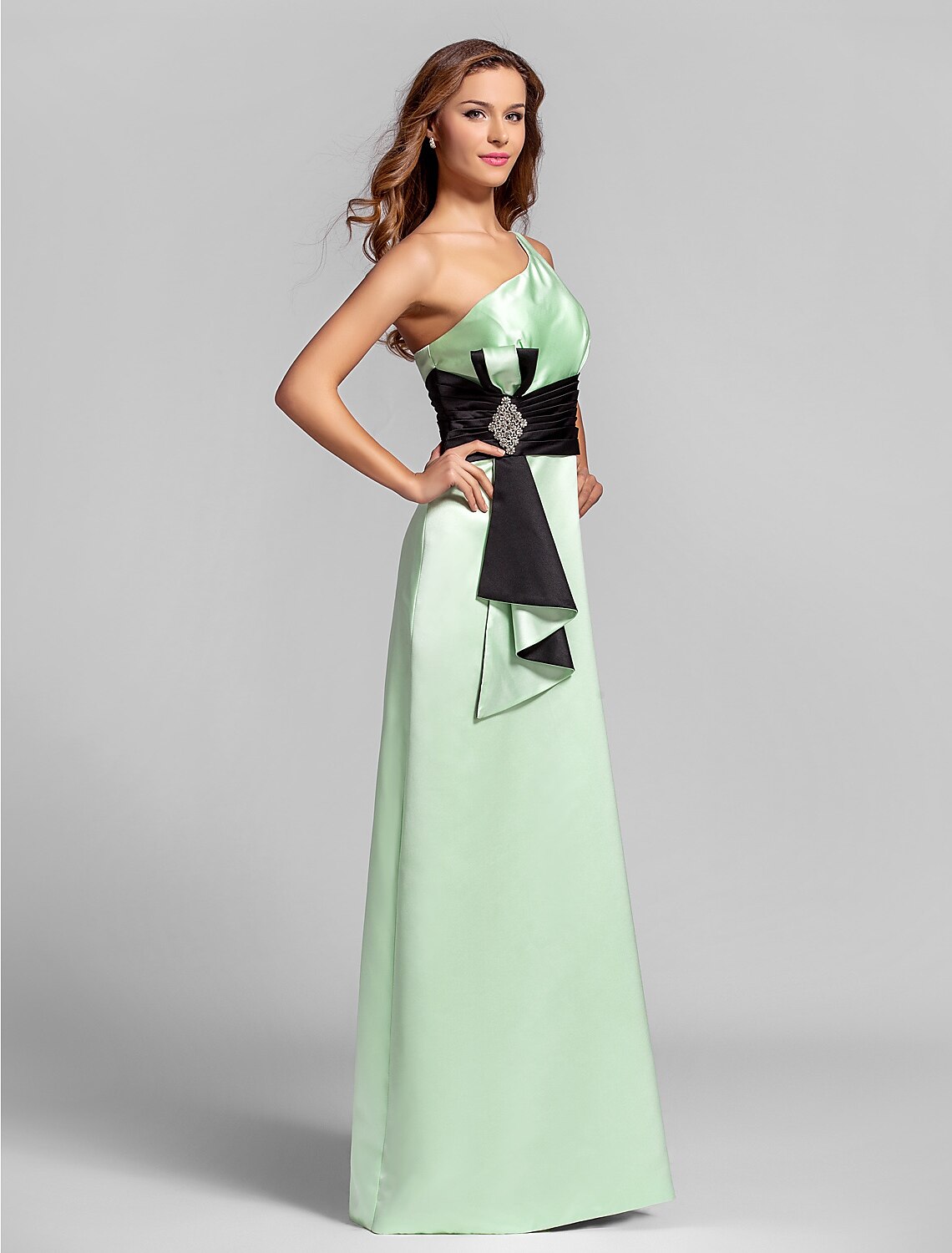 A-Line One Shoulder Floor Length Satin Bridesmaid Dress with Crystal Brooch