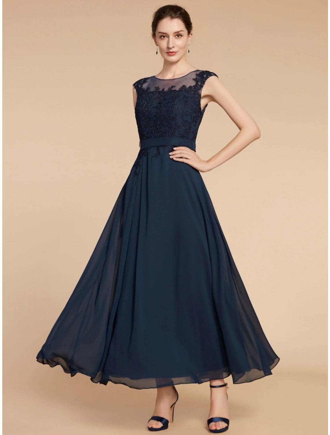 Luolandi A-Line Mother of the Bride Dress Wedding Guest Elegant Jewel Neck Ankle Length Chiffon Lace Long Sleeve with Ruching