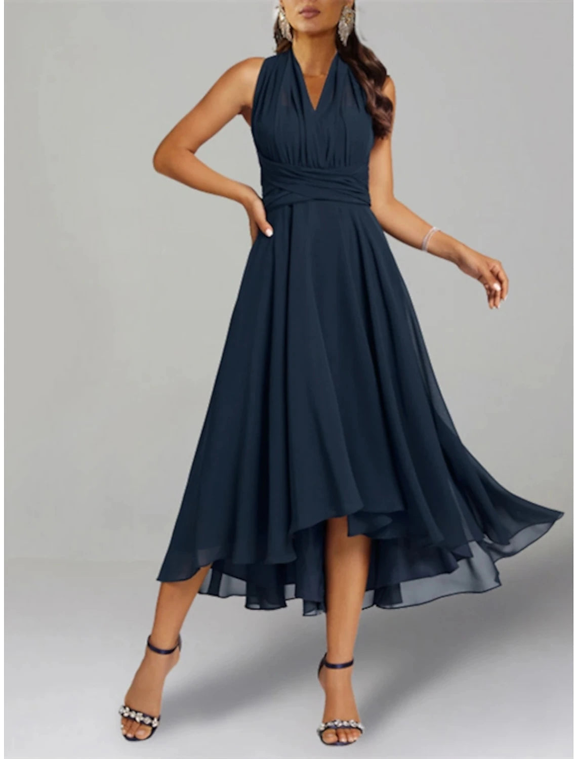 Luolandi Two Piece A-Line Wedding Guest Dresses Elegant Dress Cocktail Party Tea Length 3/4 Length Sleeve V Neck Convertible Chiffon
