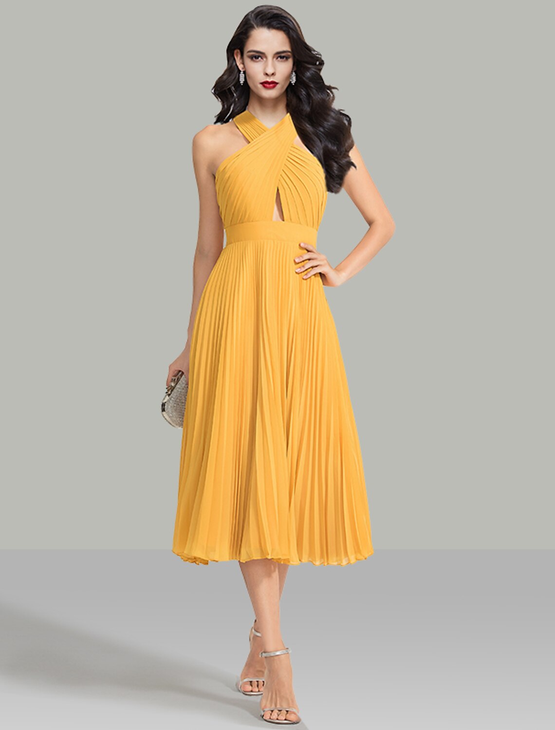 Luolandi A-Line Wedding Guest Dresses Elegant Dress Cocktail Party Wedding Party Tea Length Sleeveless Halter Neck Chiffon