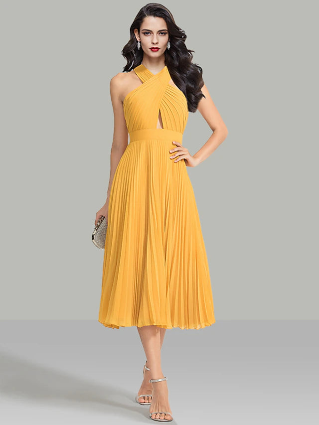 Luolandi A-Line Wedding Guest Dresses Elegant Dress Cocktail Party Tea Length Sleeveless Halter Chiffon