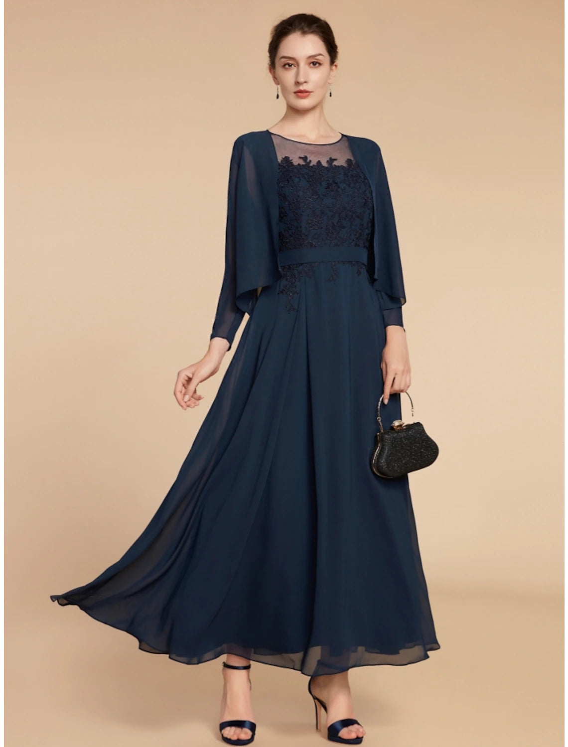 Luolandi A-Line Mother of the Bride Dress Wedding Guest Elegant Jewel Neck Ankle Length Chiffon Lace Long Sleeve with Ruching
