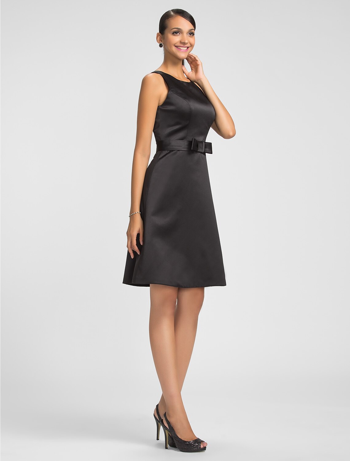 Luolandi A-Line Jewel Neck Knee Length Satin Bridesmaid Dress with Bow(s) / Sash