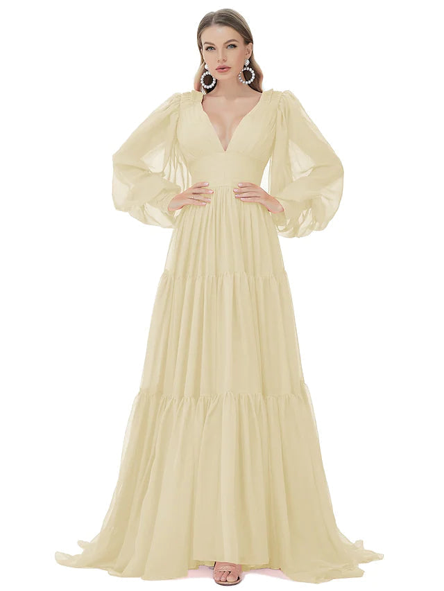 Luolandi A-Line Evening Gown Sexy Dress Party Wear Sweep / Brush Train Long Sleeve V Neck Chiffon