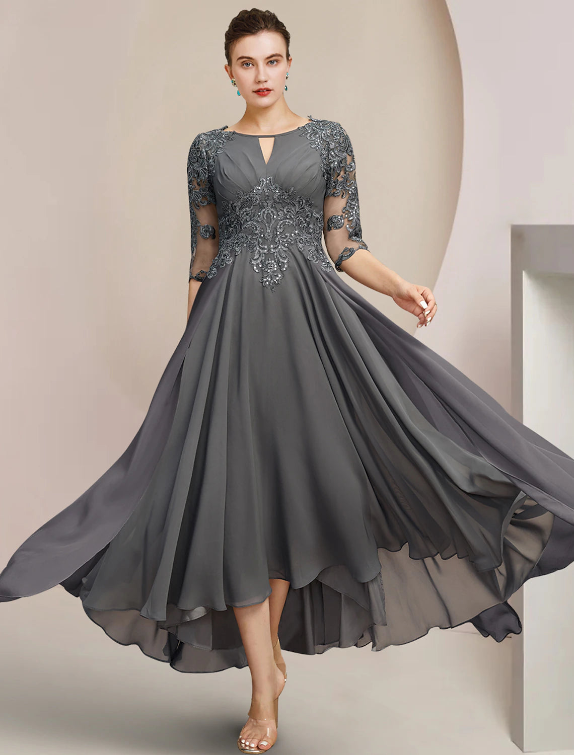 Luolandi A-Line Mother of the Bride Dress Formal Wedding Guest Elegant High Low Scoop Neck Tea Length Chiffon Lace Half Sleeve with Sequin