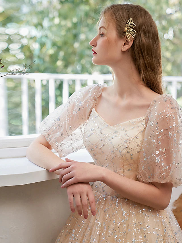 Luolandi A-Line Glittering Elegant Prom Formal Evening Dress Scoop Neck Short Sleeve Floor Length Tulle with Pleats Sequin