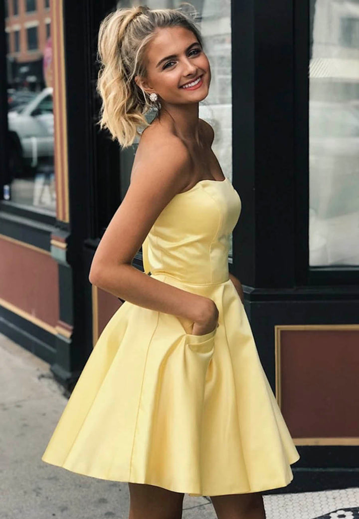 Luolandi Satin Short Prom Dresses A-Line Homecoming Dresses Off Shoulder Party Dress with Pockets